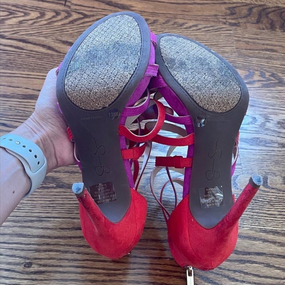 Jessica Simpson Strappy Rainah Red and Purple Faux Suede Heels Size 9.5 - Picture 8 of 11